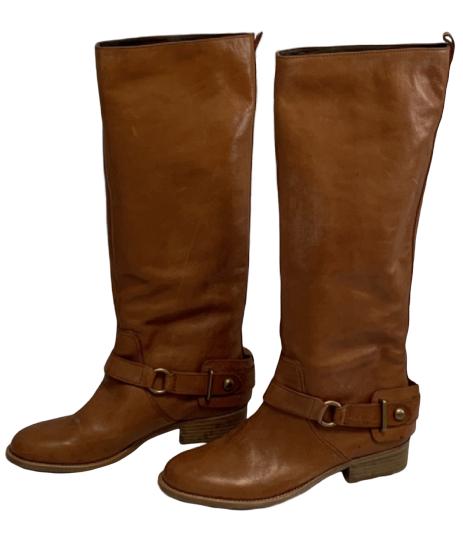 NEW PAIR OF BROWN LEATHER WOMEN'S BOOTS SZ10: Brand new pair of Coach brown leather boots with side buckle. Size 10 New condition