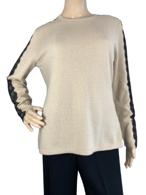 NEIMAN MARCUS CASHMERE SWEATER W/ LACE TRIM SZ L: Long-Sleeve Crewneck Cashmere Sweater w/ Lace Trim from Nieman Marcus in Size Large and in good used condition. Tan color, cashmere sweater with eyelash lace trim down sleeves Length - 26.5”, bust -