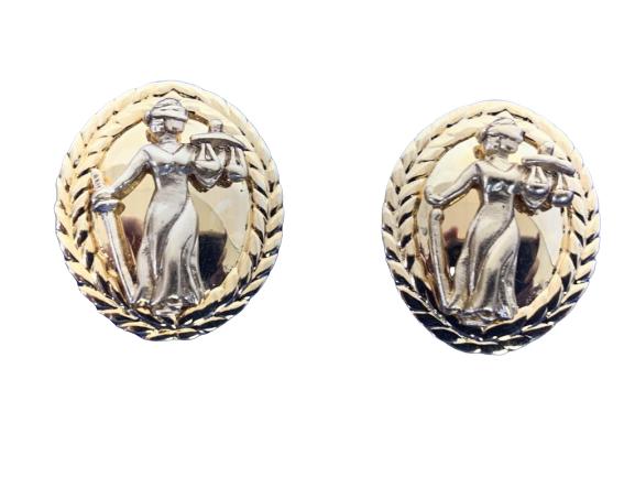 ANN HAND "JUSTICE IS BLIND" GOLD PIERCED EARRINGS: ANN HAND "JUSTICE IS BLIND" GOLD PIERCED EARRINGS - very good condition