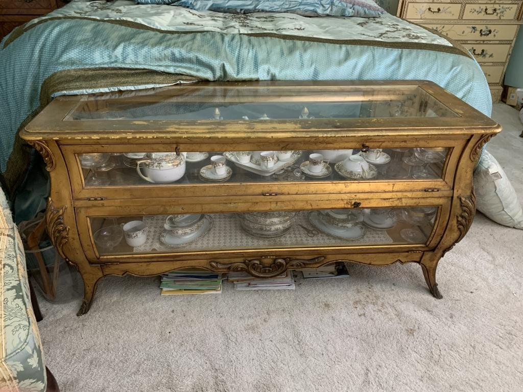 ANTIQUE FRENCH GLASS VIEWABLE BOMBAY CHEST W/SHELS: ANTIQUE FRENCH GLASS VIEWABLE BOMBAY CHEST W/SHELVES - 2 of 2 of these listed, if you need another see our other listing. - 53" wide x 20" deep x 27" tall - ONE door does not stay closed as shown in p