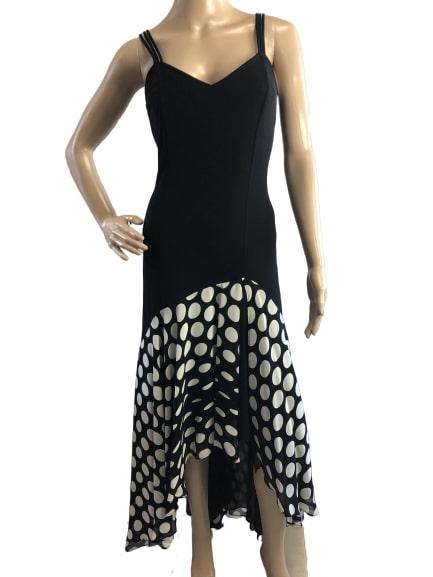 JOSEPH RIBKOFF COUTURE BLACK DOT SALSA HEM DRESS S: JOSEPH RIBKOFF COUTURE BLACK DOT SALSA HEM DRESS S - 34" BUST, 26" WAIST, 36" HIPS AND 54" LONG TO THE LONGEST - Beautiful slim fitting solid black top with polk a dot salsa hem - Stunning and in exce