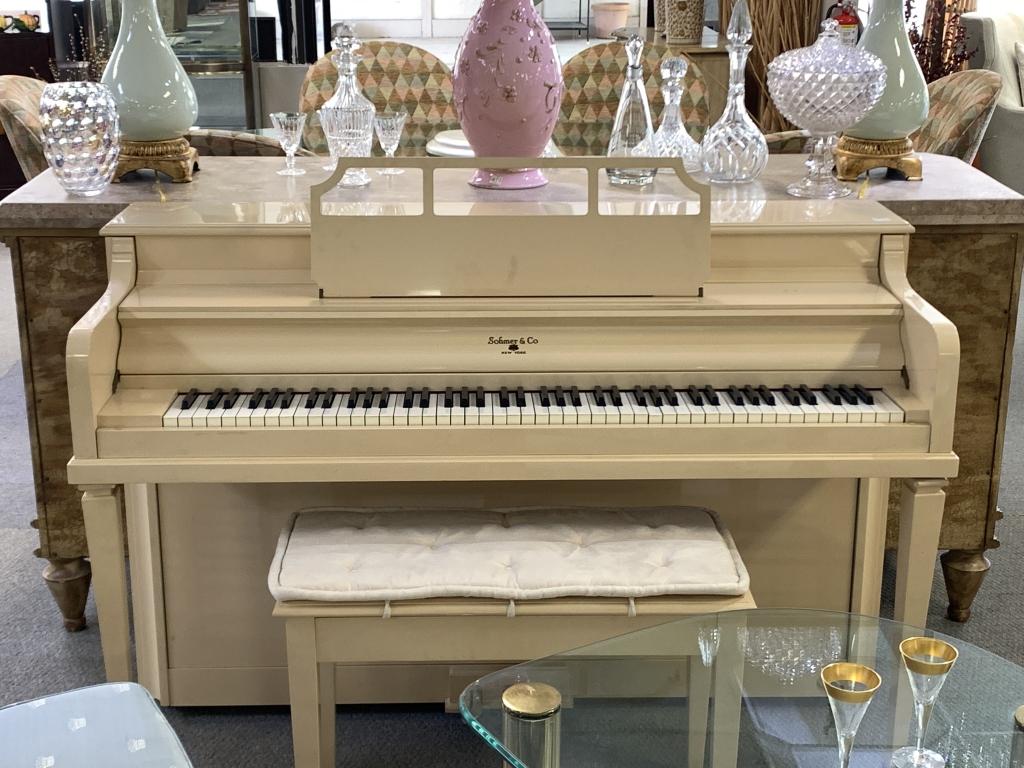 VINTAGE SOHMER & CO CREAM-COLORED UPRIGHT PIANO: SOHMER & CO CREAM-COLORED UPRIGHT PIANO -Great condition -May need tuning -59"w x 38" tall