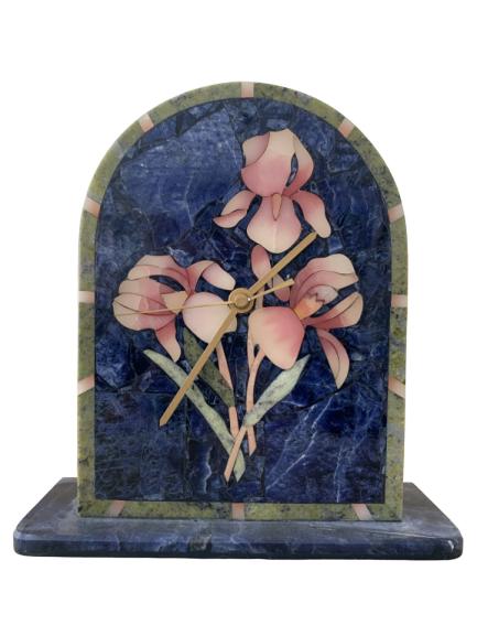 BEAUTIFUL DK BLUE MARBLE ORCHID MOTIF QUARTZ CLOCK: BEAUTIFUL DK BLUE MARBLE ORCHID MOTIF QUARTZ CLOCK - 8.25" tall x 6" width - Great condition, works with batteries