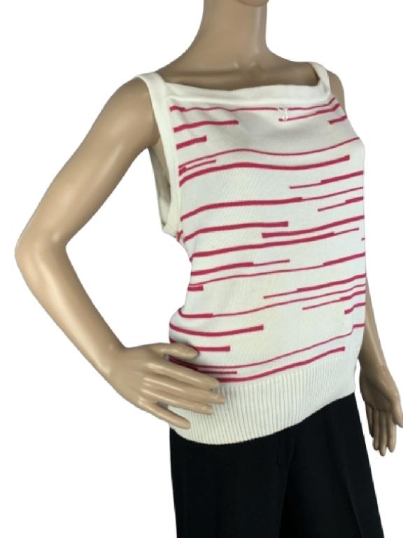 ST. JOHN SPORT WHITE/RED SWEATER SZ L: St. John Sport Sweater. White with red eclectic patterened lines. Size Large Excellent condition. Made of 49% Rayon/ 41% Cotton/ 10% Wool.