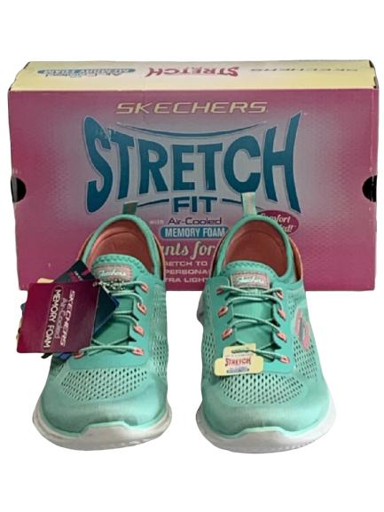 SKECHER STRETCH MEMORY FOAM SNEAKERS SZ 10 NIB: This is a great looking pair of light-weight slip-on sneaker from Skechers, in gray with pink highlights. The feature air cooled memory foam insoles, light-weight outsoles, and Skech-Fresh anti-microb