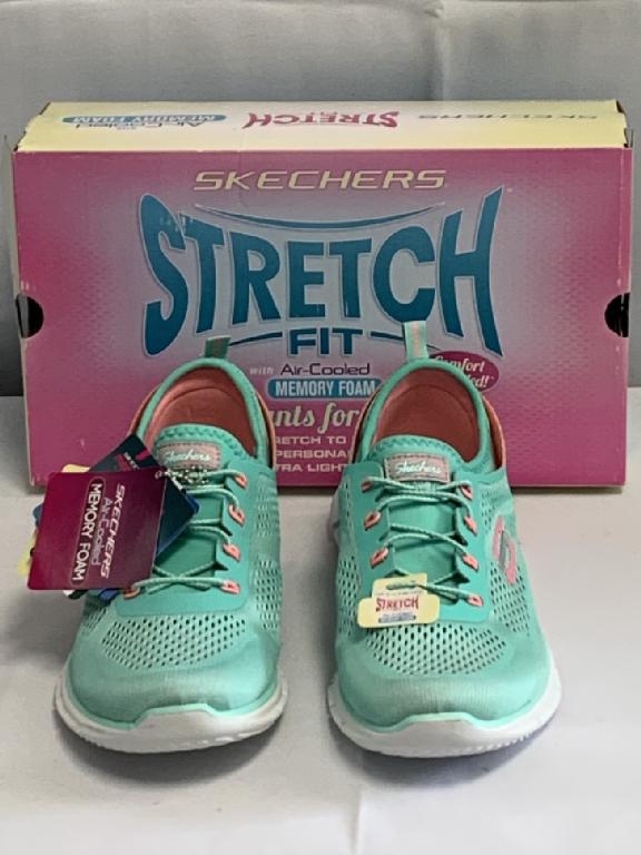 SKECHERS STRETCH MEMORY FOAM 9 1/2 SNEAKERS NIB: This is a great looking pair of light-weight slip-on sneaker from Skechers, in gray with pink highlights. The feature air cooled memory foam insoles, light-weight outsoles, and Skech-Fresh anti-microb