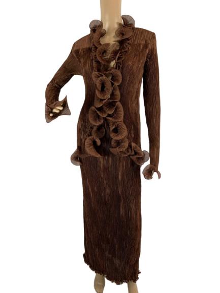 ELEGANT BROWN JOAN MCGEE COCKTAIL DRESS: JOAN MCGEE elegant cocktail dress. Bottom measures 12 1/2" waist by 40" length. Top measures 30" in length, with 23" sleeve. Like new condition.