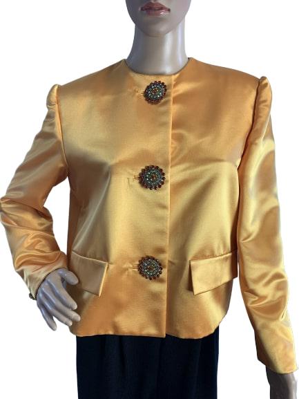 BARBARA KATZ GOLDEN SATIN EVE JACKET S 6: BARBARA KATZ designer jacket. Fancy crystal oversized buttons on golden mustard satin stunning jacket. Size 6 on tag. 39" bust, 21" long and 22" sleeves. Note some minor marks on the material as shown