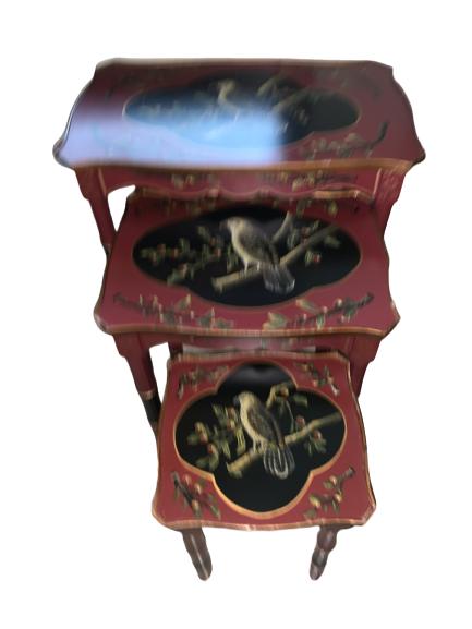 SET OF 3 RED BIRD STACK TABLES: SET OF 3 RED BIRD STACK TABLES **THIS LOT MUST BE PICKED UP BY 3PM WEDNESDAY JUNE 10TH** LOT IS LOCATED OFF-SITE AT THE HOME. ADDRESS WILL BE PROVIDED TO WINNING BIDDERS. *BIDDERS MUST MAKE AN APPT TO