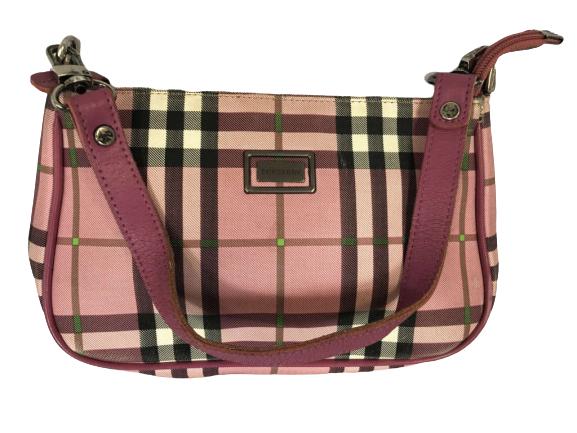 BURBERRY PINK LEATHER PLAID HANDBAG: BURBERRY PINK LEATHER PLAID HANDBAG 10" X 6" 7" DROP