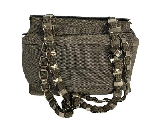 SALVADORE FERRAGAMO VINTAGE TWEED CLOTH HANDBAG: SALVADORE FERRAGAMO VINTAGE CLOTH HANDBAG -Brown and cream tweed -Leather trim and bottom -Pretty silver link shoulder strap -Very good condition -14" x 10"