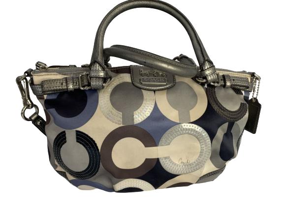 COACH METALIC HANDBAG WITH SILVER LEATHER TRIM: COACH METALIC HANDBAG WITH SILVER LEATHER TRIM -Very good preowned condition -Original dustbag included -14 1/2 x 9 1/2