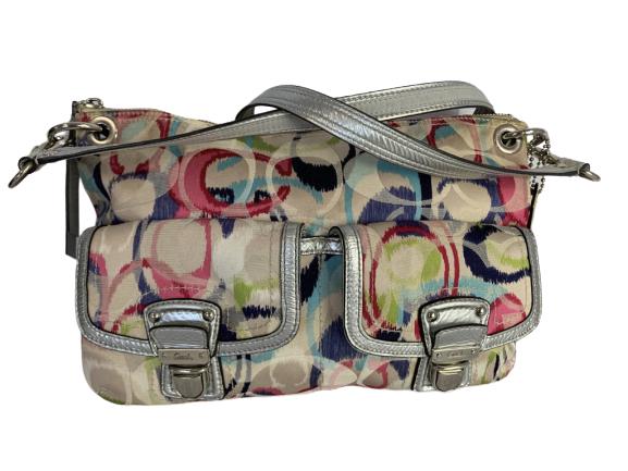 COACH MODERN MULTICOLORED HANDBAG: COACH MODERN MULTICOLORED HANDBAG - 12 1/2" X 9" -2 front pockets -Silver metalic leather trim -Lined cloth bag -Good preowned condition -Comes with original dust bag