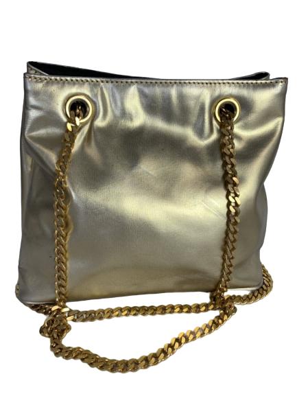 PALOMA PICASSO METALIC GOLD SHOULDER BAG: PALOMA PICASSO METALIC GOLD SHOULDER BAG -9" X 7" -Gold link shoulder strap -See all pictures for condition. Mark on front