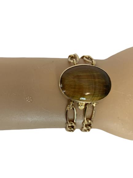 14K GOLD CUBAN LINK BRACELET WITH TIGER EYE CLASP: 14K GOLD CUBAN LINK BRACELET WITH TIGER EYE CLASP -22.7 GRAMS -14 INCH DOUBLE CUBAN LINK CHAIN