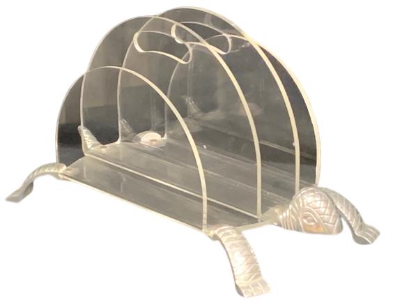 MCM ARTHUR COURT METAL TURTLE LUCITE MAGAZINE RACK: Fabulous mid century modern metal designed lucite magazine rack. Excellent preowned condition. 19" x 12" x 10" in size. Third party shipping required.