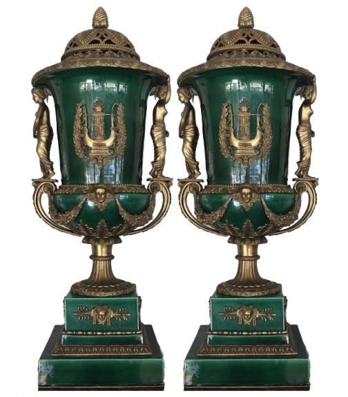 PAIR OF LOUIS XVI STYLE GILT BRONZE MOUNTED URNS 37.5" (1 of 6)