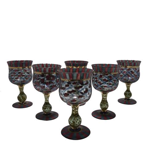MACKENZIE CHILDS VINTAGE WINE GLASSES SET OF 6: MACKENZIE CHILDS VINTAGE WINE GLASSES SET OF 613'' x 2.5"-EXCELLENT CONDITION, NO CHIPS OR CRACKS
