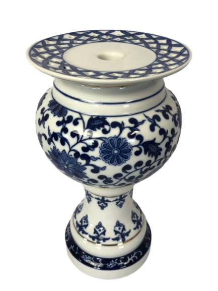 VTG ANTIQUE BLUE AND WHITE CANDLE HOLDER 11" (1 of 6)