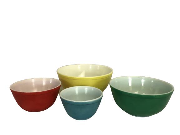 4 COLORFUL POP ART INSPIRED PYREX MIXING BOWLS: 4 COLORFUL POP ART INSPIRED PYREX MIXING BOWLS -LARGEST 10"-GOOD VINTAGE CONDITION, NO CHIPS OR CRACKS
