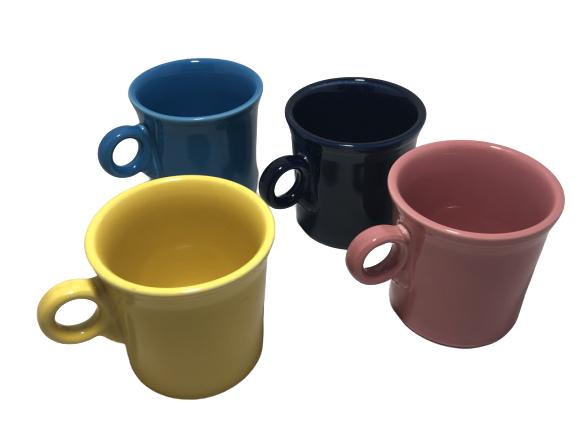 4 COLORFUL FIESTAWARE MUGS COFFEE OR TEA: 4 COLORFUL FIESTAWARE MUGS COFFEE OR TEA APPROX 10 OZ.-3.5"-GOOD VINTAGE CONDITION, NO CHIPS OR CRACKS