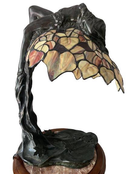 LEADED GLASS SIGNED ART DECO LAMP FEMALE NUDE 24": FABULOUS SIGNED ART DECO LAMP W/FEMALE NUDE 24" -24"H X 8"W X 20"L -STAINED GLASS AND BRONZE FEMALE NUDE LAMP