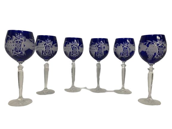 6 BLUE CRYSTAL CUT WINE GLASSES / STEMWARE: 6 BLUE CRYSTAL CUT WINE GLASSES / STEMWARE BY CRISTAL -8.75" H-APPROX. 8-10 0Z.-ORIGINAL BOX-VERY GOOD CONDITION