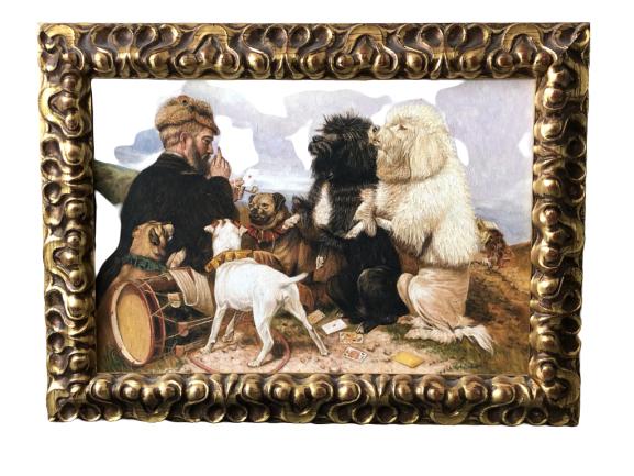 FRAMED OIL PAINTING, MAN & DOG PLAYING CARDS 23" (1 of 4)