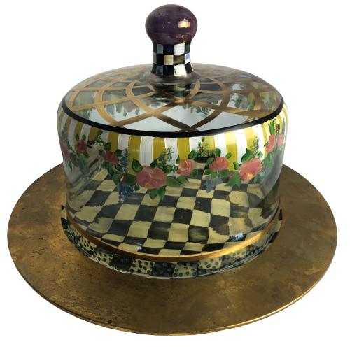 MACKENZIE CHILD GLASS CAKE DOME & WOOD PLATE 14" (1 of 11)