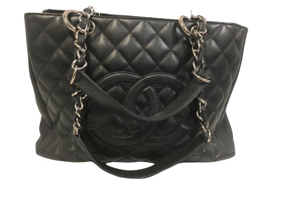 VTG CHANEL BLACK CAVIAR CHAIN STRAP TOTE 9" X 13" (1 of 8)