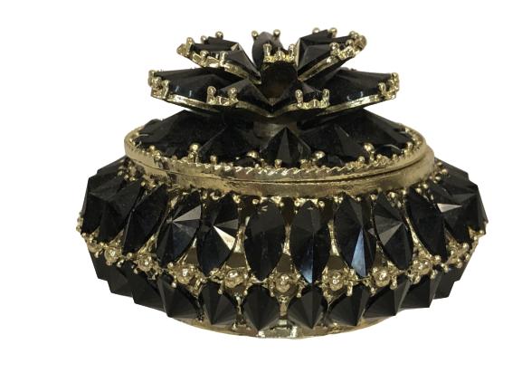 BLACK MARCASITE AND GOLD JEWELED TRINKET BOX: BLACK MARCASITE AND GOLD JEWELED TRINKET BOX -3" ROUND-VERY GOOD CONDITION