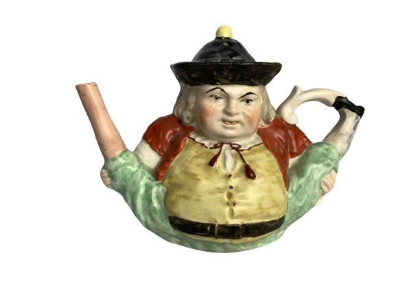 VINTAGE STAFFORDSHIRE-STYLE "PEG LEG" TEAPOT: VINTAGE STAFFORDSHIRE-STYLE "PEG LEG" TEAPOT -7.75" tall, 10.25" long