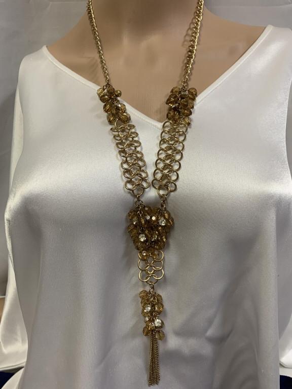 VINTAGE GOLD AND AMBER BEAD TASSEL NECKLACE: VINTAGE GOLD AND AMBER BEAD TASSEL NECKLACE -19" LONG