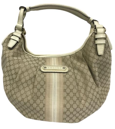 CELINE BROWN/WHITE WOVEN CANVAS HOBO SHOULDER BAG (1 of 7)