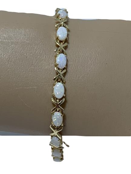 14K YELLOW GOLD GENUINE OPALS TENNIS BRACELET 7" (1 of 8)