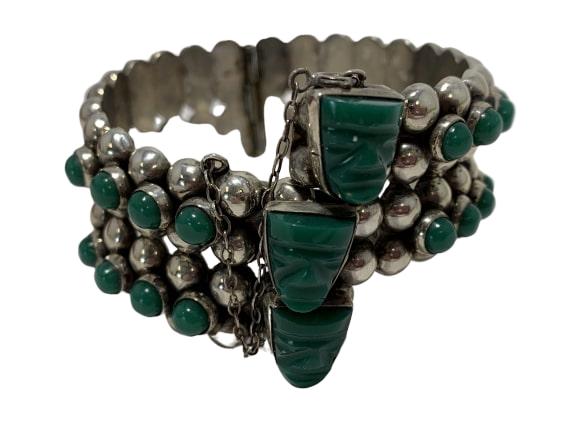 VINTAGE TAXCO STERLING CARVED MALACHITE BRACELET (1 of 12)