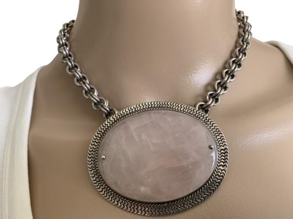 VINTAGE HEAVY STERLING AND ROSE QUARTZ NECKLACE (1 of 3)