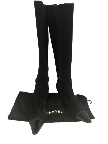 CHANEL BLACK SUEDE BOOTS KNEE LENGTH SZ 37 1/2 (1 of 7)