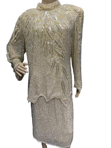 VINTAGE OLEG CASSINI 2 PIECE BEADED DRESS SIZE 16: VINTAGE OLEG CASSINI 2 PIECE BEADED DRESS SIZE 16 -Beaded With Pearls, Sequins, Bugle beads-Champagne Color-Size 16-See Picture for Missing Beads-Asymetrical Cut-Zipper Back