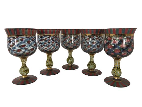 MACKENZIE CHILDS PAINTED WINE GLASSES SET OF 5: MACKENZIE CHILDS PAINTED WINE GLASSES SET OF 5 -Set of 5 Hand Painted Goblets6.75" tall, 3.75" diameter