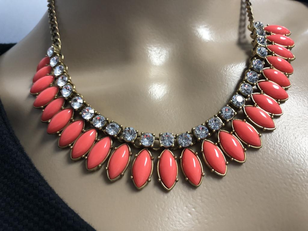 J CREW RHINESTONE & CORAL-COLORED NECKLACE: J CREW RHINESTONE & CORAL-COLORED NECKLACE-Goldtone chain-Rhinestone & plastic coral-colored beads-8.5" long when clasped