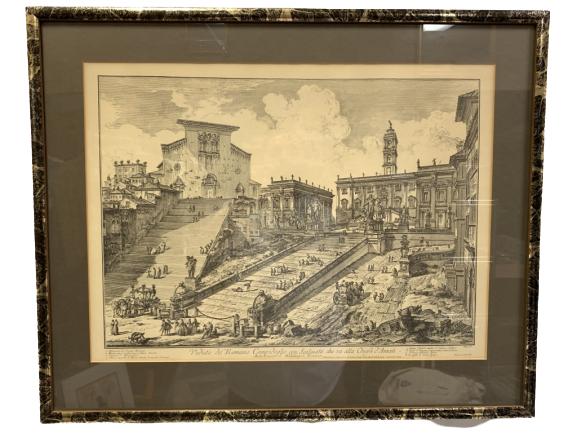 PIRANESI FRAMED ETCHING "VIEW OF THE CAMPIDOGLIO": PIRANESI FRAMED ETCHING "VIEW OF THE CAMPIDOGLIO" -22" X 27" -VERY GOOD CONDITION Piranesi was born in Mogliano Veneto, near Treviso, then part of the Republic of Venice. His father was a stonemason. 