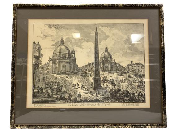 PIRANESI FRAMED ETCHING " VIEW OF THE PIAZZA" 22": PIRANESI FRAMED ETCHING " VIEW OF THE PIAZZA DEL POPOLO" -22" X 27" -VERY GOOD CONDITION Piranesi was born in Mogliano Veneto, near Treviso, then part of the Republic of Venice. His father was a stone