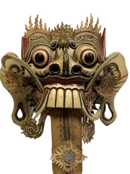 TRADITIONAL BALI INDONESIAN BARONG MASK 32": TRADITIONAL BALI INDONESIAN BARONG MASK W/ DECORATED TONGUE -32" X 11" -BROKEN TUSKS, POSSIBLE REPAIRED TUSKS, SEE PHOTO Oni mask is the face mask of a supernatural ogre or troll that you may find in 
