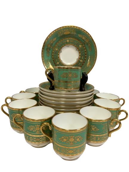 VTG TIFFANY FOR MINTON GREEN & GOLD DEMATISS SET: VTG TIFFANY FOR MINTON GREEN & GOLD DEMATISS SET H4999 -12 CUPS, 12 SAUCERS -EXCELLENT CONDITION, NO CHIPS OR CRACKS