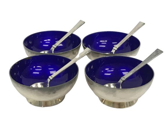 (4) MICHELSON STERLING SALT CELLAR & SPOON SET: (4) MID CENTURY MODERN MICHELSON STERLING SALT CELLAR & SPOON SET PURCHASED 1950 AT H. NILS NYC 2" -BLUE ENAMEL -GOOD CONDITION, SOME LOSS OF ENAMEL