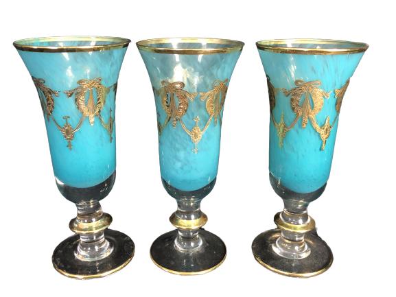 3 TURQUOISE AND GOLD SWAG WINE GLASSES: 3 TURQUOISE AND GOLD SWAG WINE GLASSES -8"-Very good condition