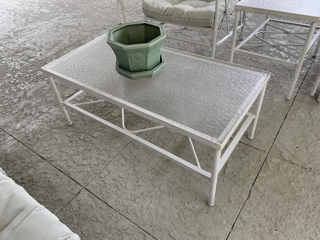 VINTAGE WHITE GLASS TOP PATIO TABLE (1 of 1)