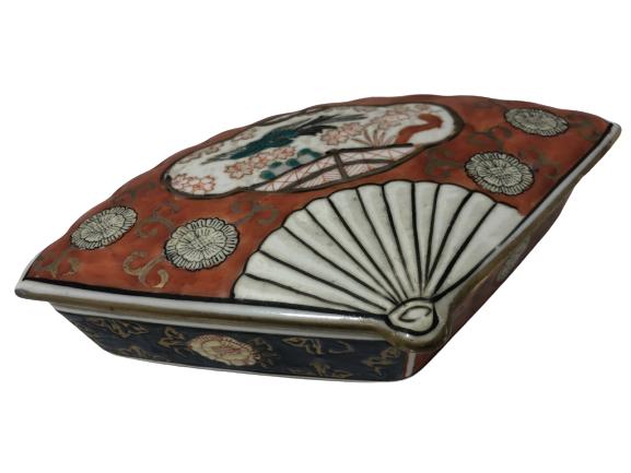 VINTAGE ORIENTAL RED FAN LIDDED JEWELRY BOX 8" (1 of 8)