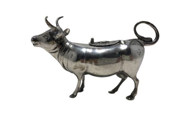 VINTAGE SILVERTONE LIDDED COW CREAM PITCHER 3": VINTAGE SILVERTONE LIDDED COW CREAM PITCHER 3"